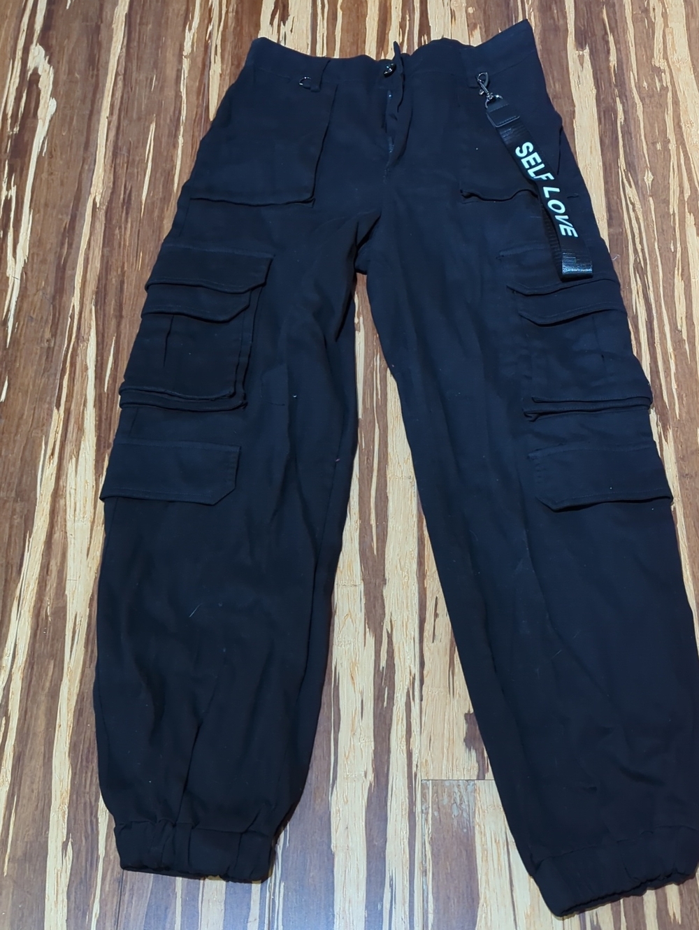 Rue21 Black Cargo Jogger Pants with 'SELF LOVE' Strap